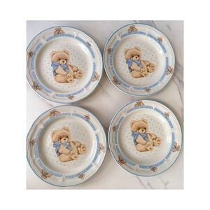 4 Pc Vtg Tienshan Stoneware Teddy Bear Salad Dessert Plates 7.5 Inch Cottage